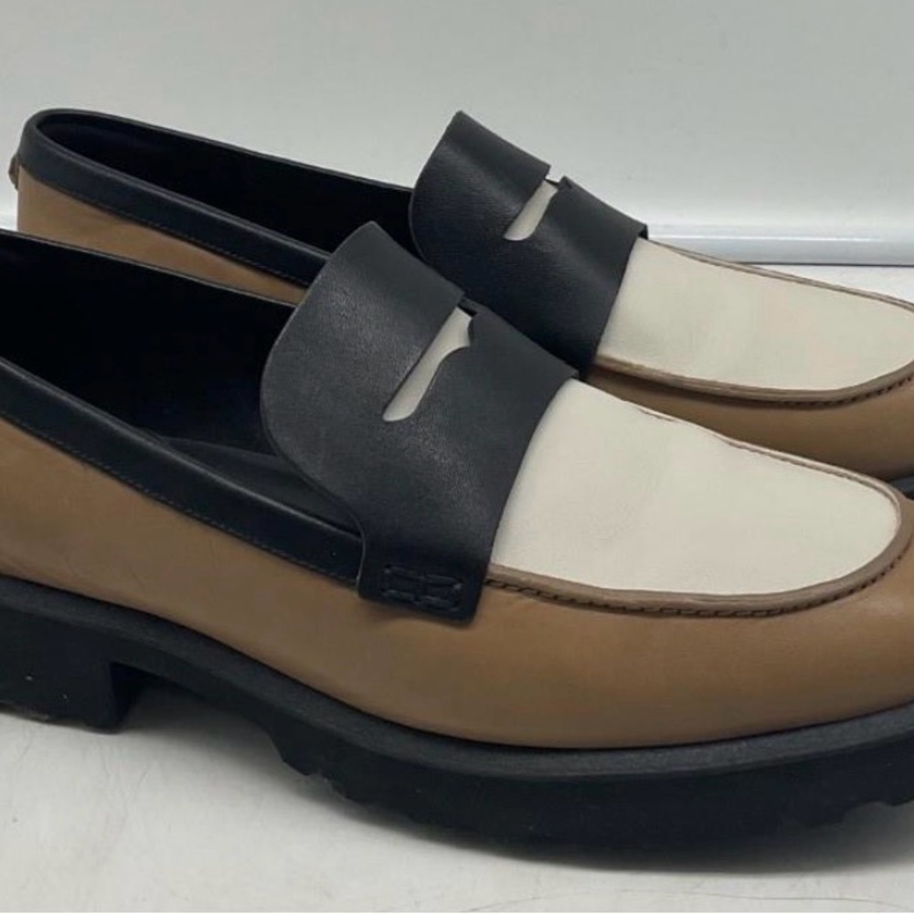 NEW Cole Haan Geneva Women's Two-Tone Leather Penny Loafers Black, Tan & White 9